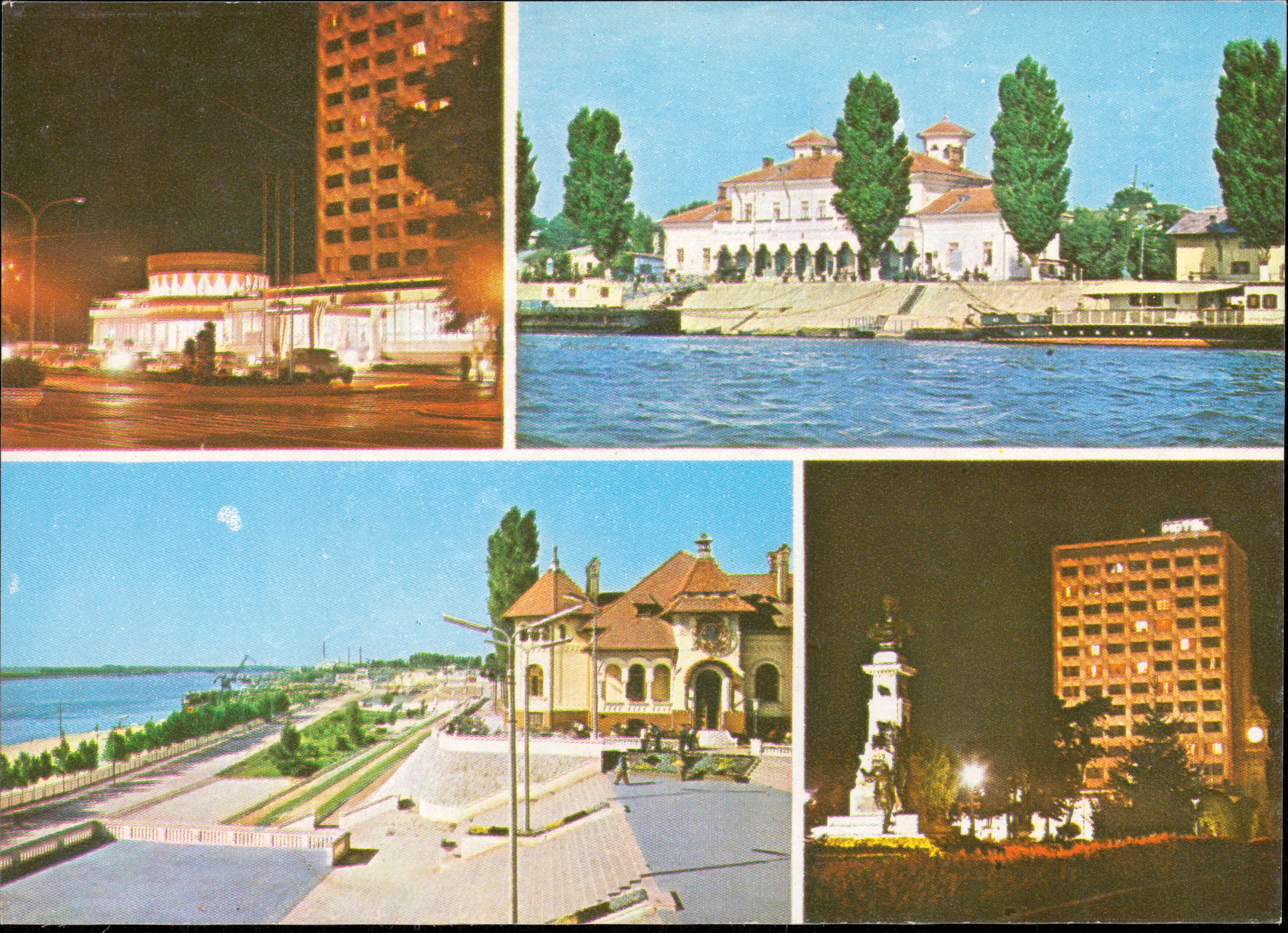 Brăila: 1. Hotelul „Traian”. 2. Vedere din port, gara fluvială. 3. Vedere de pe faleză. 4. Hotelul „Traian”