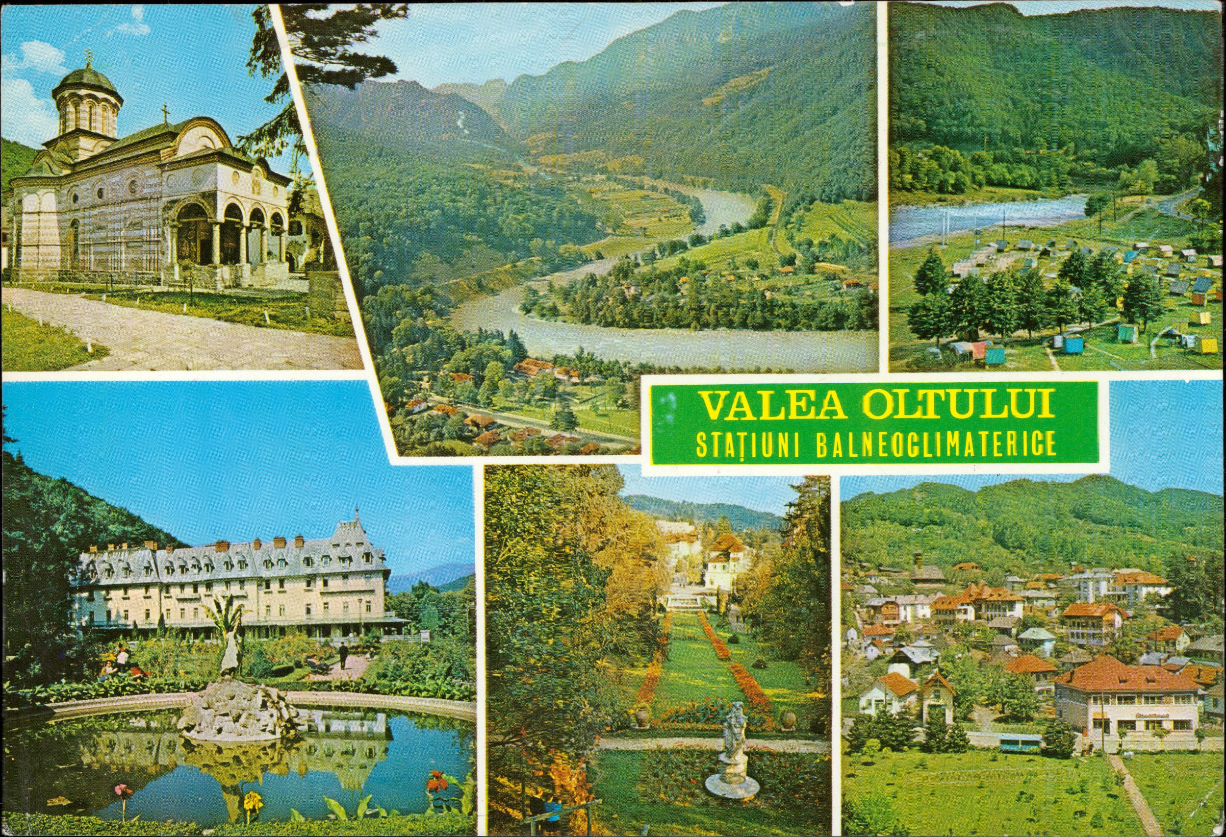 Valea Oltului - Stațiuni balneoclimaterice. 1. Minăstirea Cozia (sec. XIV) 2. Călimănești 3. Oltul la Căciulata 4. Govora 5. Camping la Cozia 6. Olănești