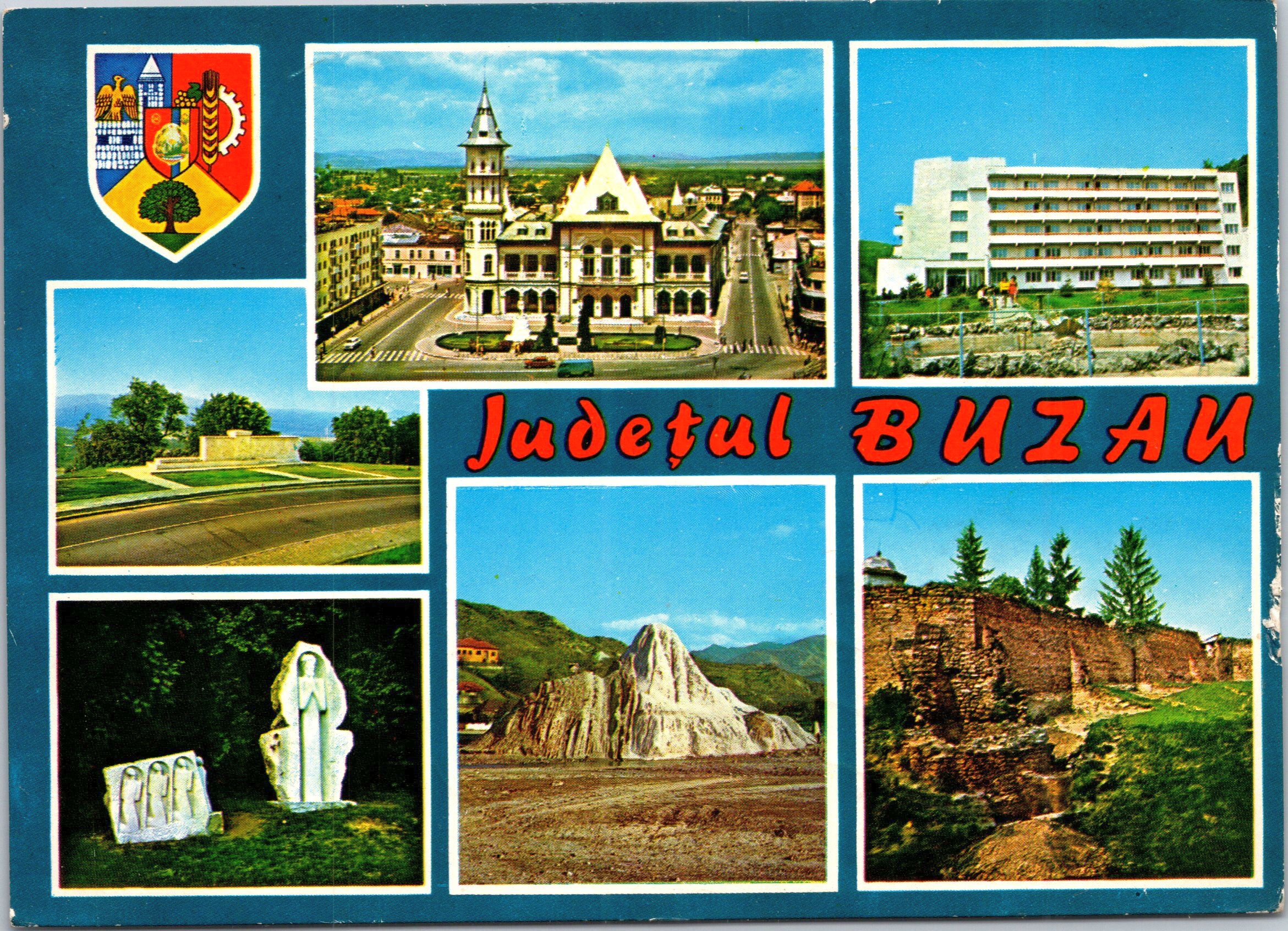 Buzău. 1. Palatul comunal. 2. Sărata Monteoru - Pavilionul cooperatorilor. 3. Măgura - Omagiul ostașilor lui Mihai Viteazul, sculputură de Gh. Coman. 4. Tabăra de sculptură Măgura - Jertfa Brâncoveanului, scultură de Gh. Coman. 5. Peisaj de pe Valea Slăni