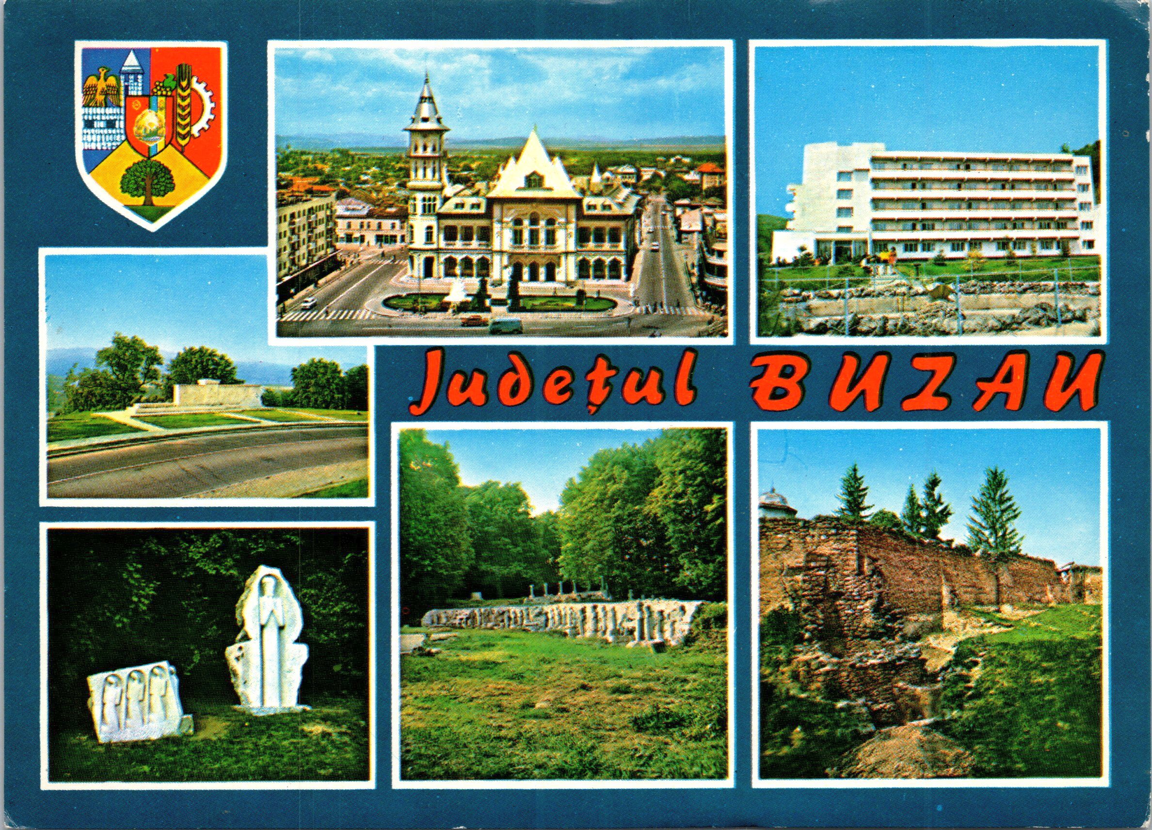 Buzău. 1. Palatul comunal. 2. Sarata Monteoru - Pavilionul cooperatorilor. 3. Măgura - Omagiul ostașilor lui Mihai Viteazul, sculputură de Gh. Coman. 4. Tabăra de sculptură Măgura - Jertfa Brâncoveanului, scultură de Gh. Coman. 5. Peisaj de pe Valea Slăni