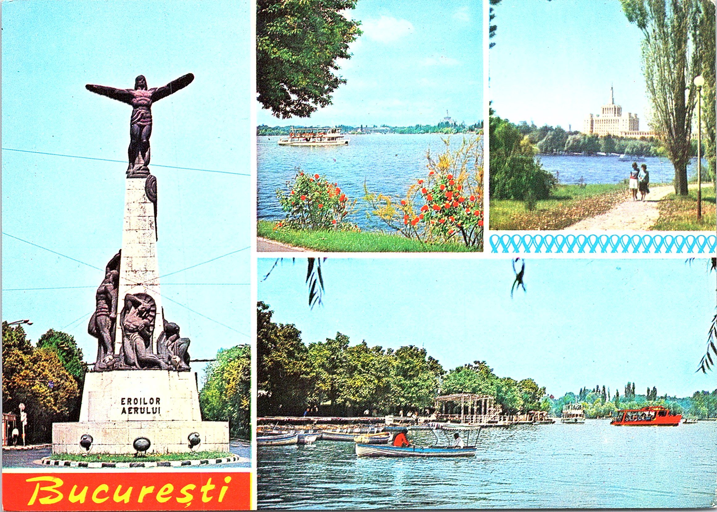 București. 1. Statuia Aviatorilor. 2.3. Vederi din parcul Herăstrău; 4. Lacul Herăstrău: debarcaderul