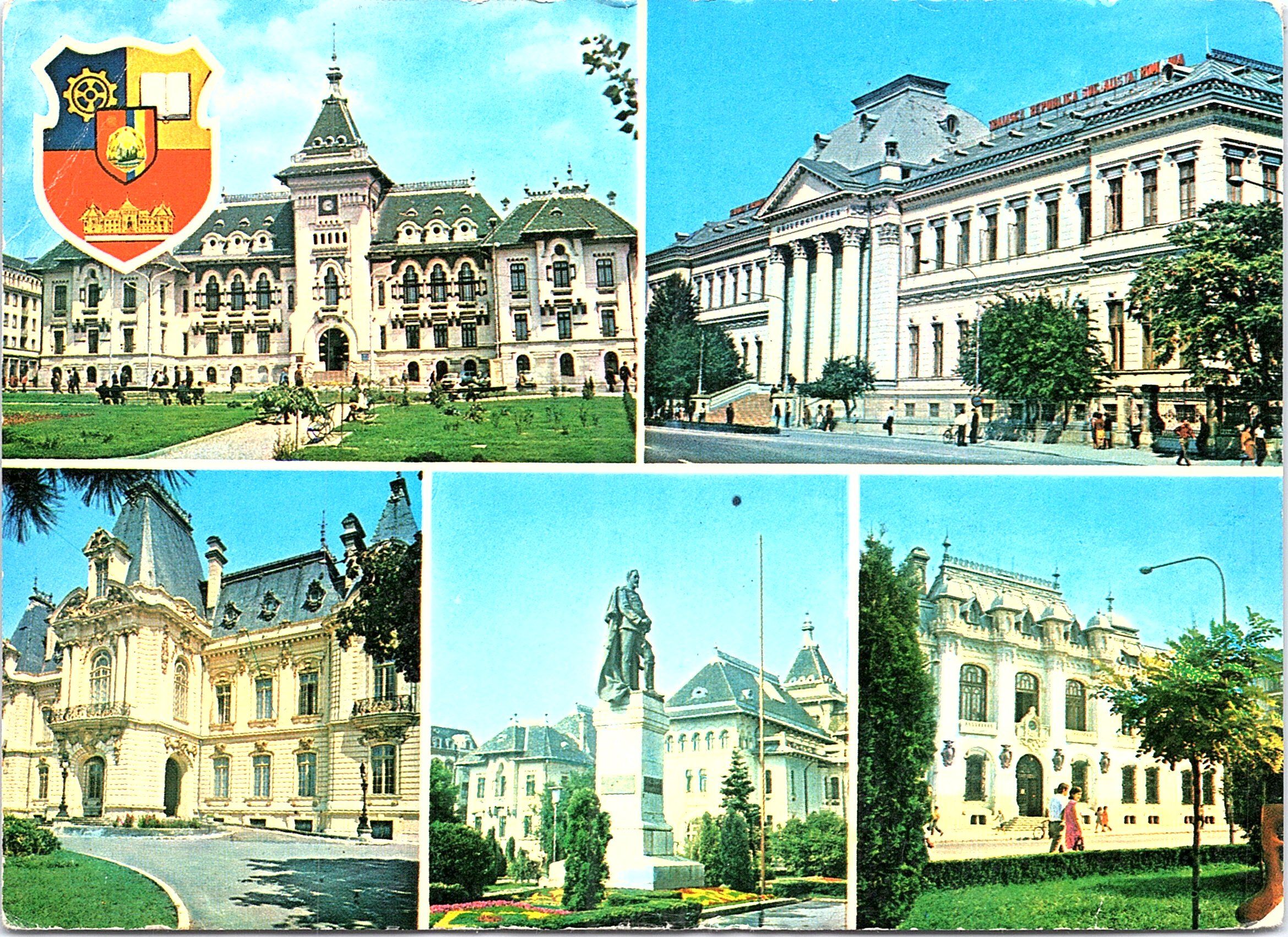 Craiova - 1. Sediul Consiliului popular județean; 2. Universitatea; 3. Muzeul de Artă; 4. Statuia lui Al.I.Cuza; 5. Sediul Consiliului popular municipal