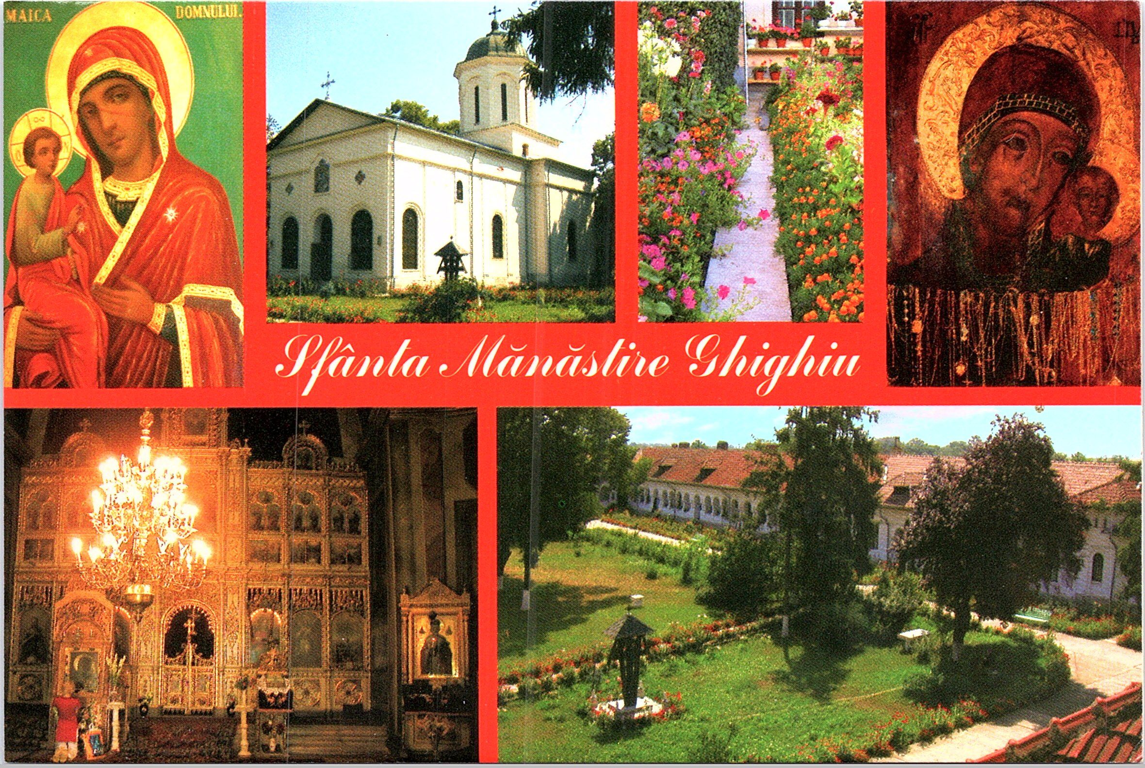 Sfânta Mânăstire Ghighiu (sec. 19) - 1. Maica Domnului cu Pruncul; 2. Biserica mare; 3. Colț de rai; 4. Icoana făcătoare de minuni a Maicii Domnului cu Pruncul (sec. 16); 5. Interiorul bisericii mari; 6. Incinta mânăstirii