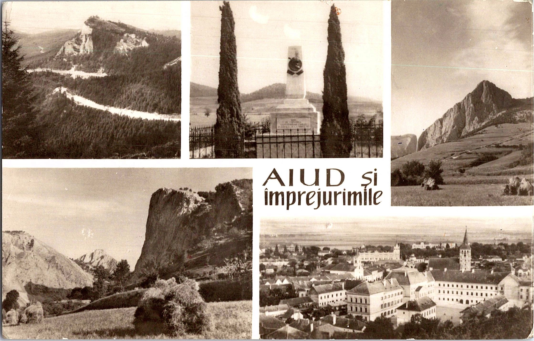 1. Peisaj din Băița; 2. Valea Aiudului; 3. Monumentul de la Mirăslău; 4. Cheile Aiudului; 5. Vedere din Aiud