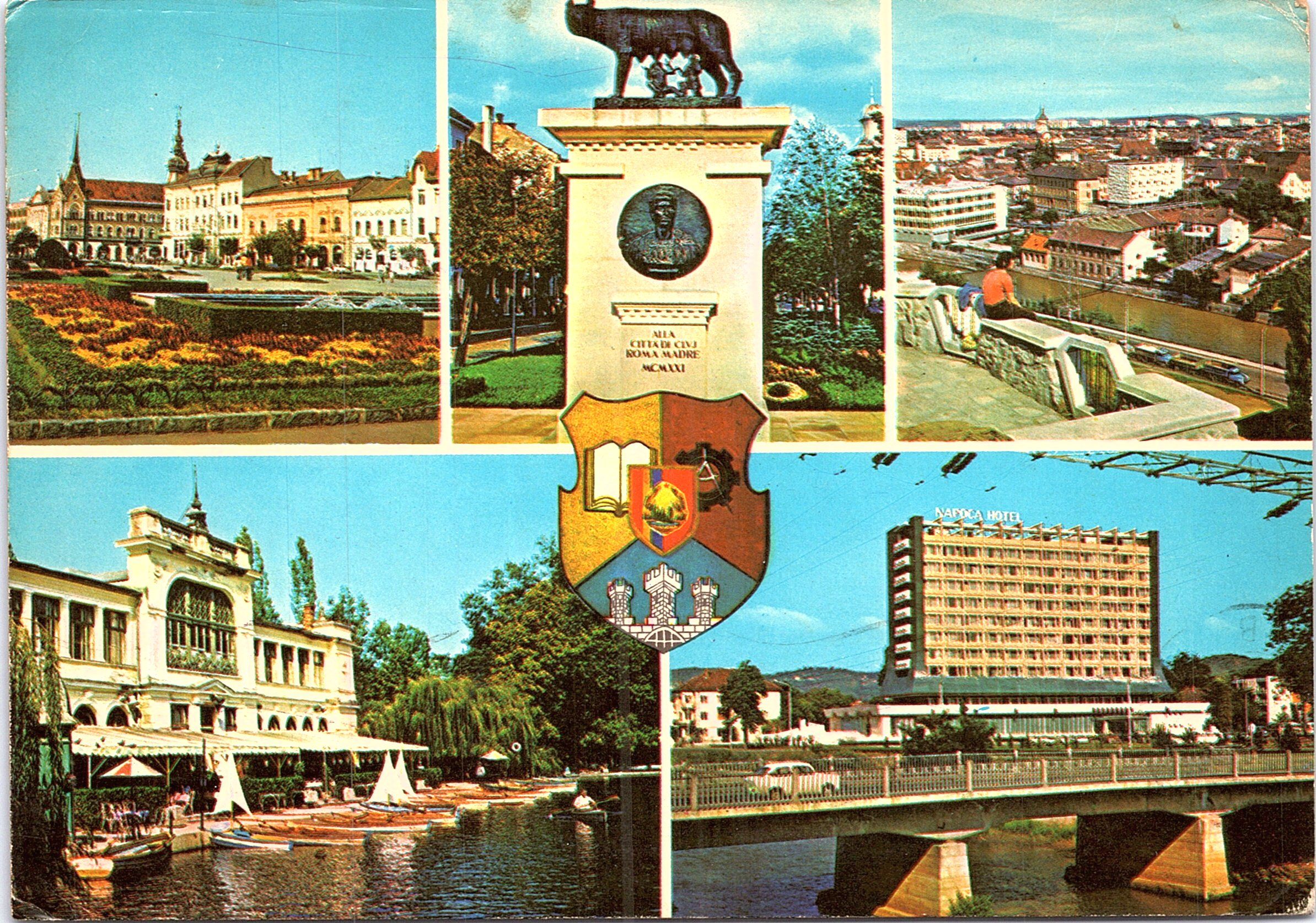 CLUJ-NAPOCA - 1. Vedere. 2. Lupa Capitolina. 3. Vedere de pe cetățuie. 4. Restaurantul din parcul orașului. 5. Hotel Napoca