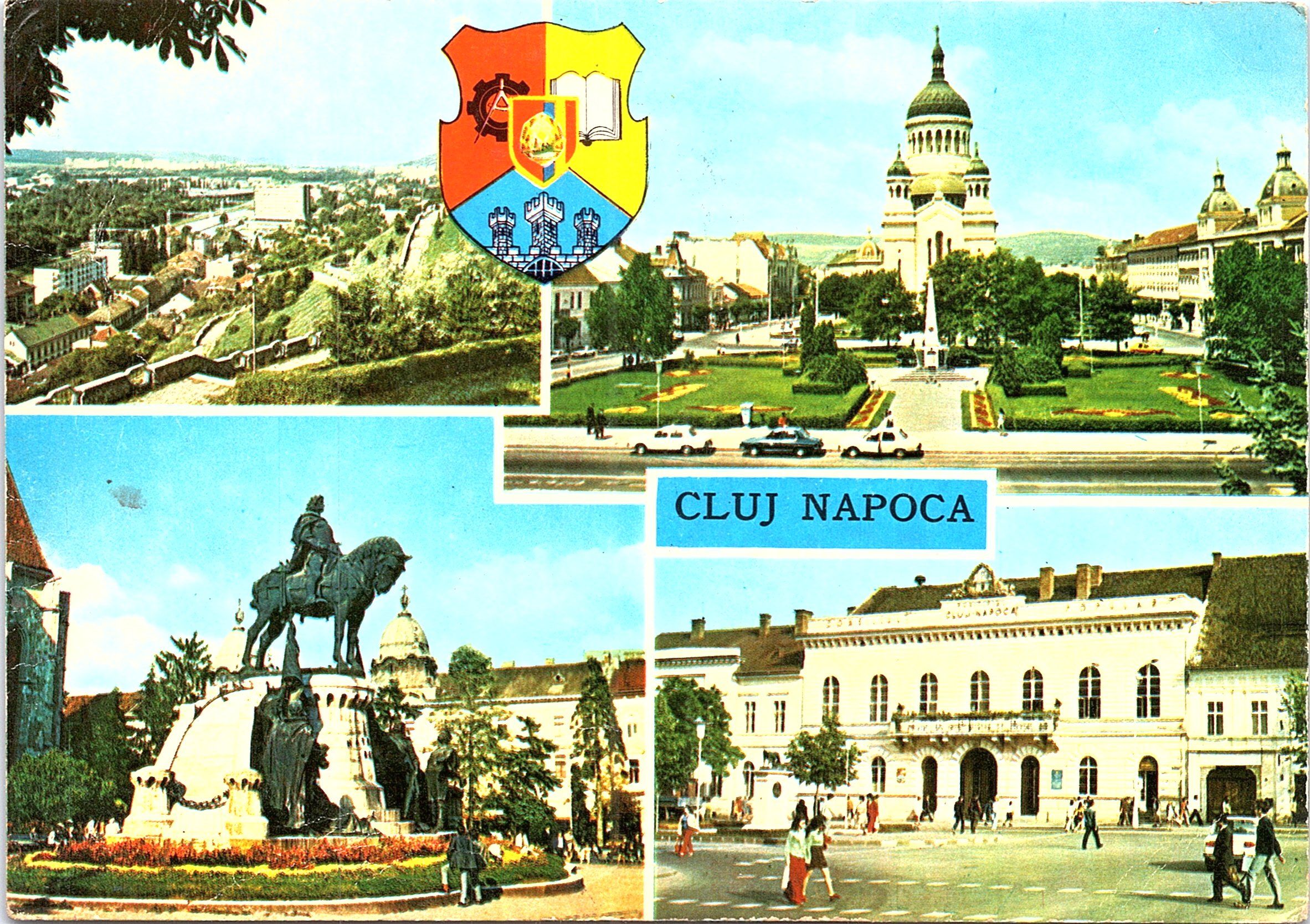 1. Vedere de pe cetățuie 2. Piața Victoriei 3. Statuia lui Matei Corvin 4. Sediul Consiliului popular al municipiului