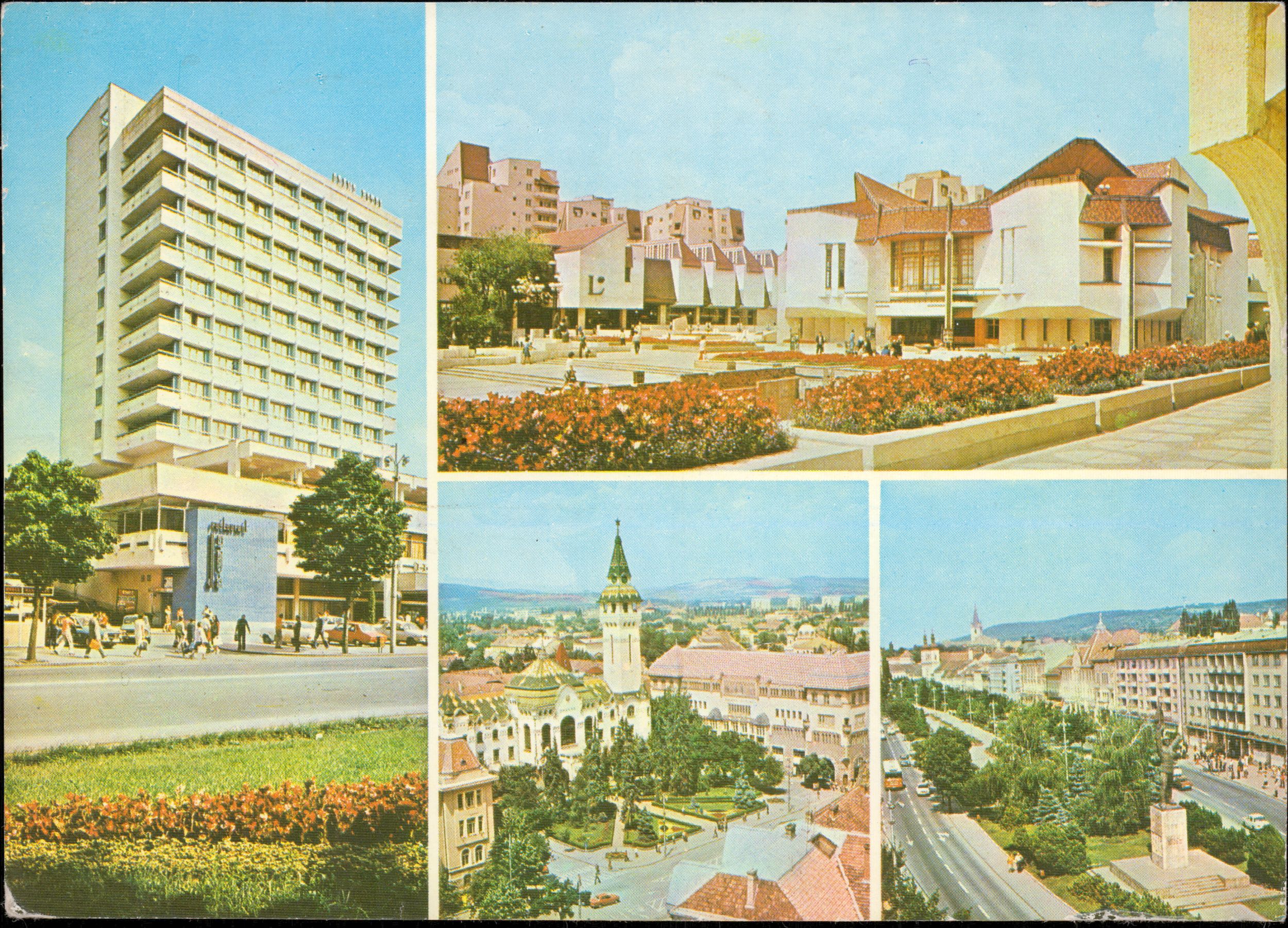 Târgu Mureș - 1. Hotel „Grand”; 2. Piața „Teatrului”; 3. Vedere din Centru; 4. Piața „Trandafirilor”