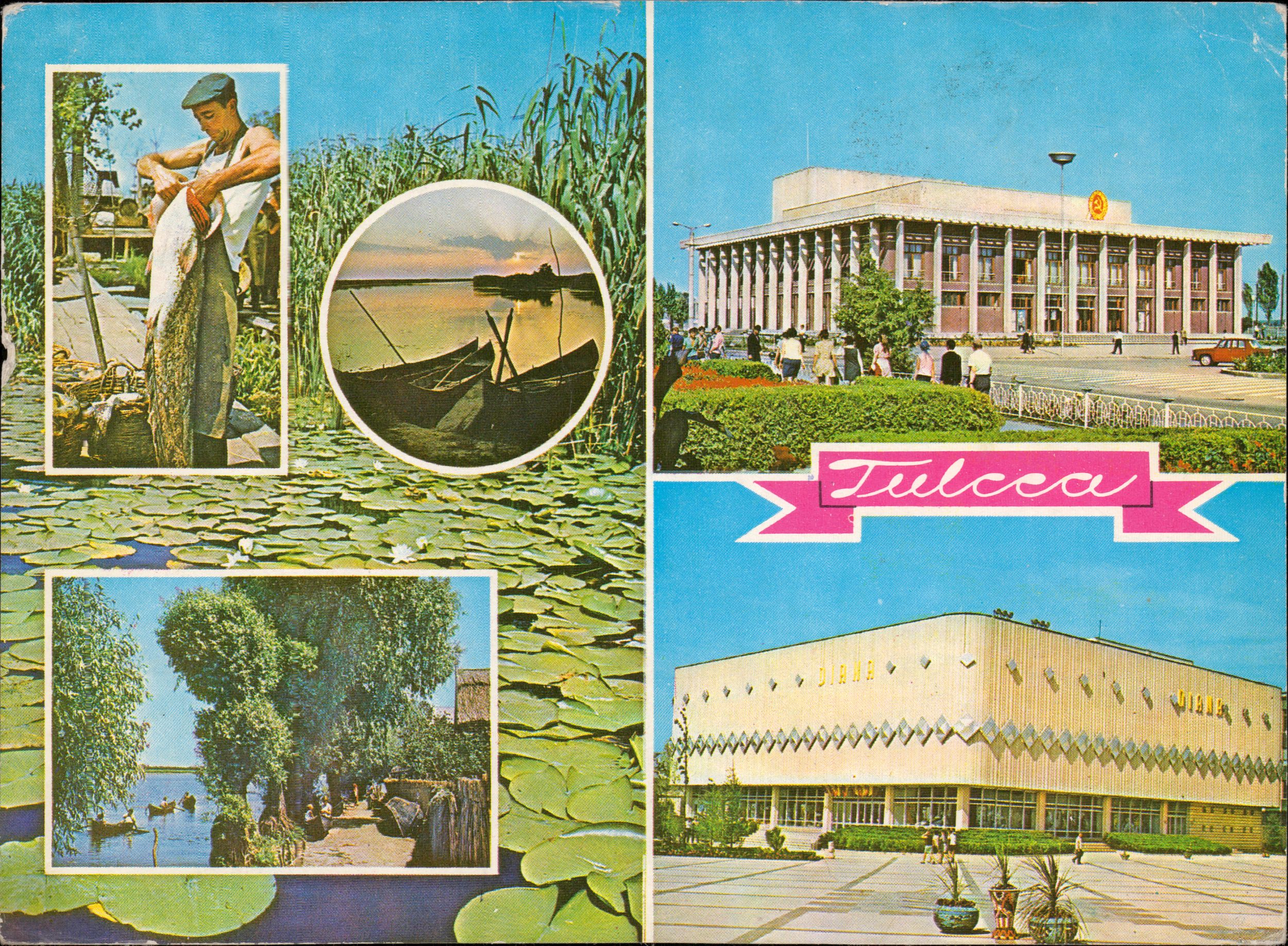 Tulcea: 1. Delta Dunării; 2. Pescar în Delta Dunării; 3. Apus de soare în Deltă; 4. Vedere din Deltă; 5. Casa de cultură; 6. Magazinul Universal „Diana”