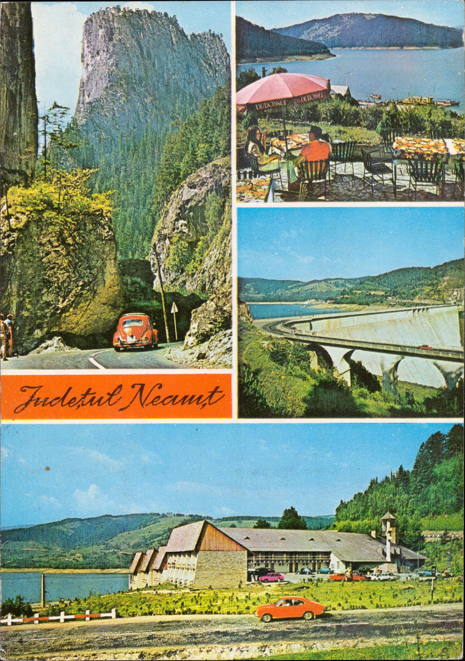 Județul Neamț: 1. Cheile Bicazului; 2. Vedere spre Lacul Bicaz; 3. Barajul Bicaz; 4. Motelul „Cristina”