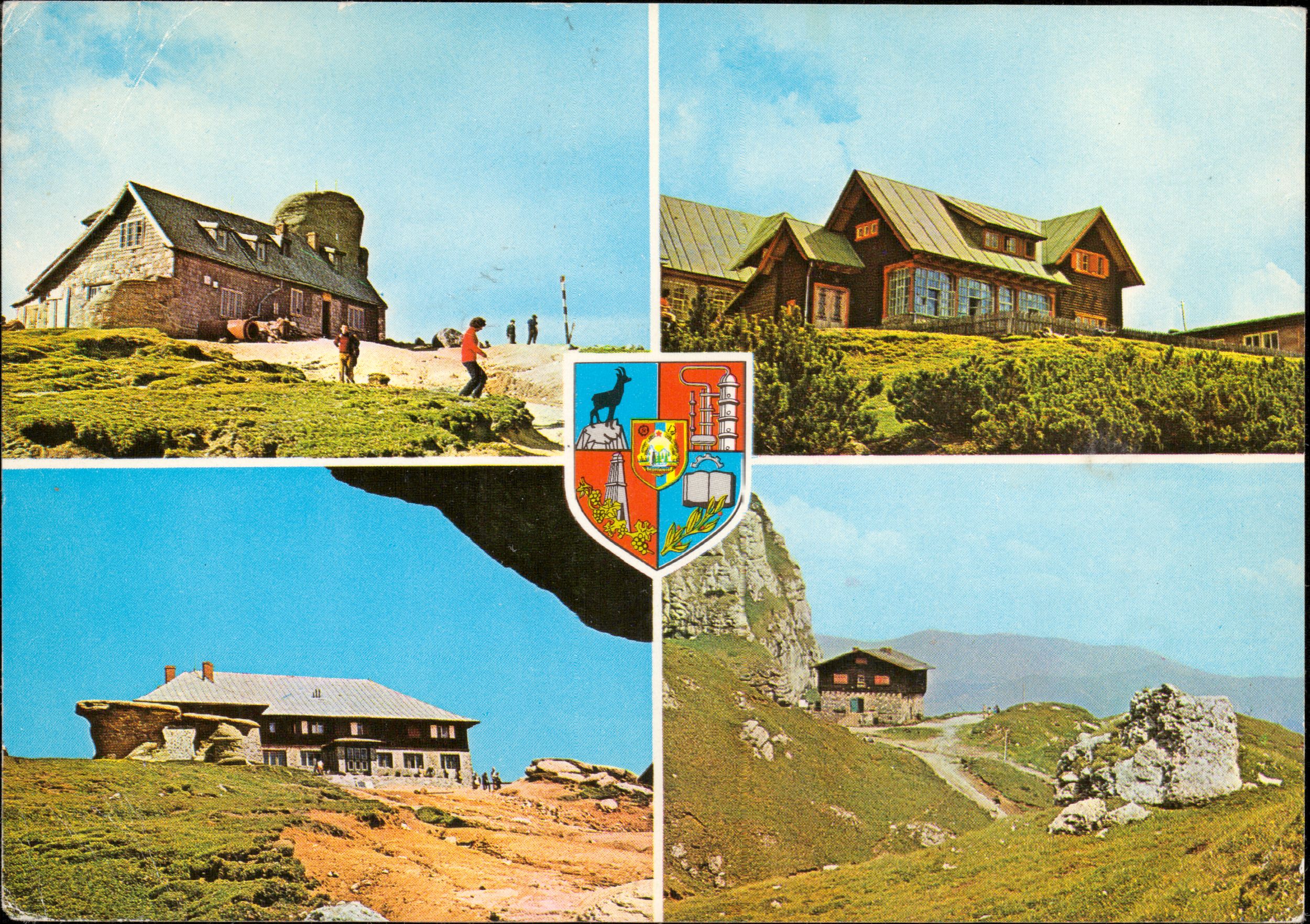 Munții Bucegi - 1. Cabana „Vârful Omu”; 2. Cabana „Piatra Arsă”; 3. Cabana „Babele”; 4. Cabana „Caraiman” - stema județului Prahova