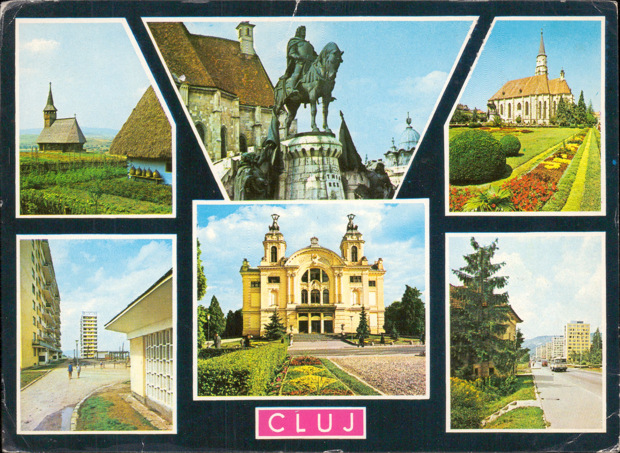 Cluj - 1. Muzeul etnografic al Transilvaniei - secția în aer liber; 2. Statuia lui Matei Corvin; 3. Biserica Romano-Catolică Sfântul Mihail; 4. Cartierul Gheorghieni; 5. Teatrul Național; 6. Cartierul Grigorescu
