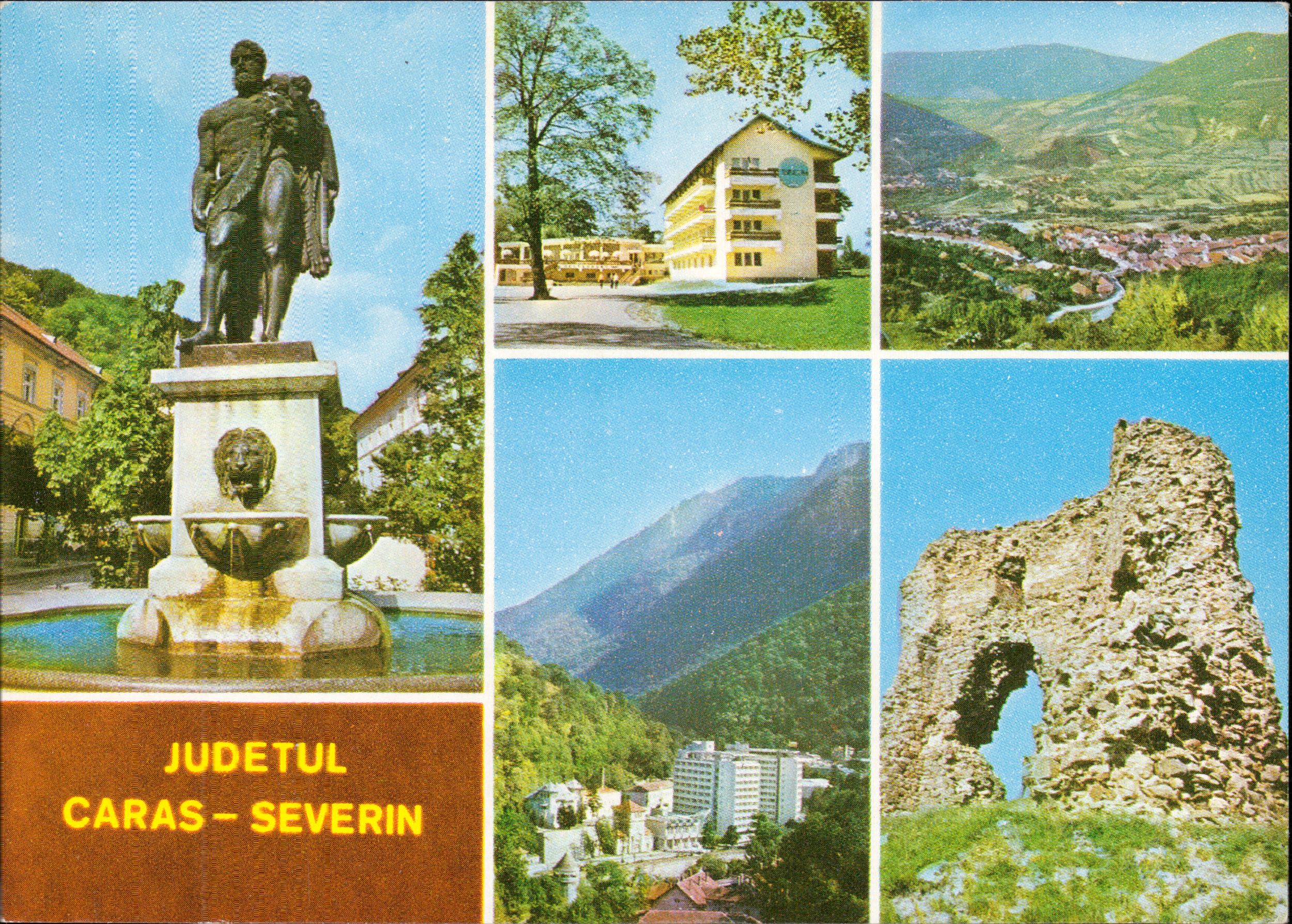 Județul Caraș-Severin - 1. Statuia lui Hercule; 2. Hotelul „Tibiscum” din Caransebeș; 3. Mehadia; 4. Vedere generală din Băile Herculane; 5. Ruinele cetății din Mehadia.
