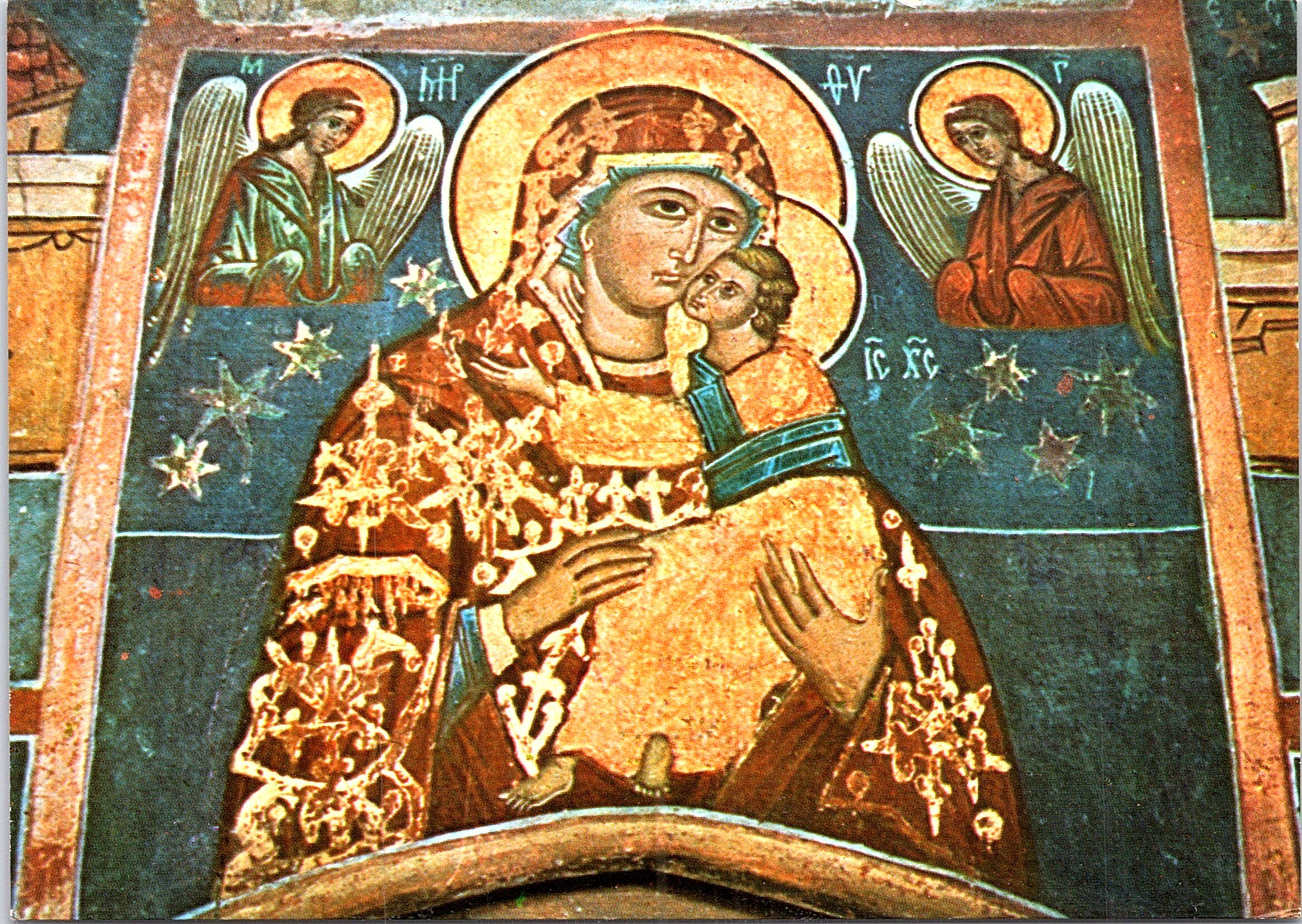Biserica Voroneț (sec. XV). Maica Domnului Îndurătoarea. Deasupra ușii de intrare în pronaos.