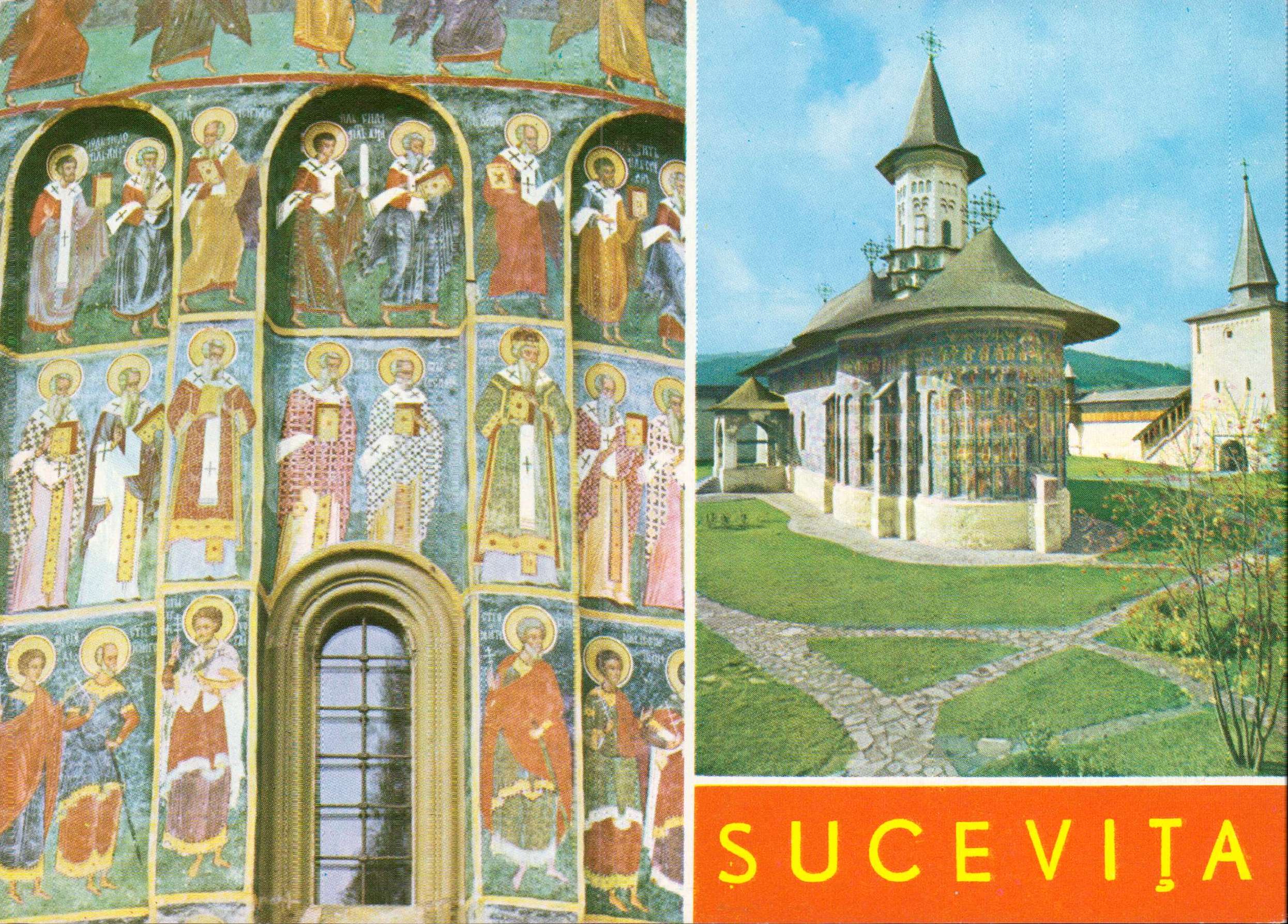 Sucevița (sec. XVI) - ansamblul arhitectural medieval, detaliu de pictură (filozofii) și arhitectură