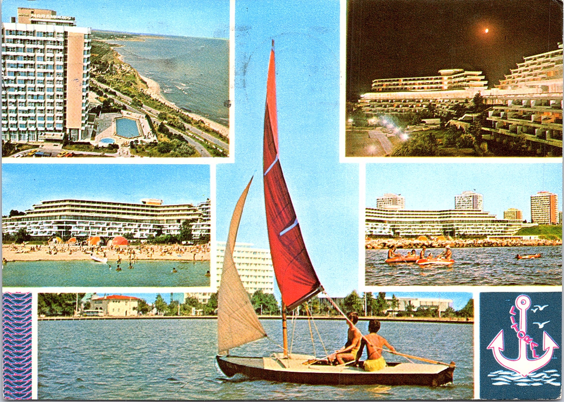 Stațiunea Olimp: 1. Hotelul 'Maramureș'; 2. Pe plajă; 3. Hotelul 'Panoramic'; 4. Vedere generală; 5. Pe lacul 'Mamaia'