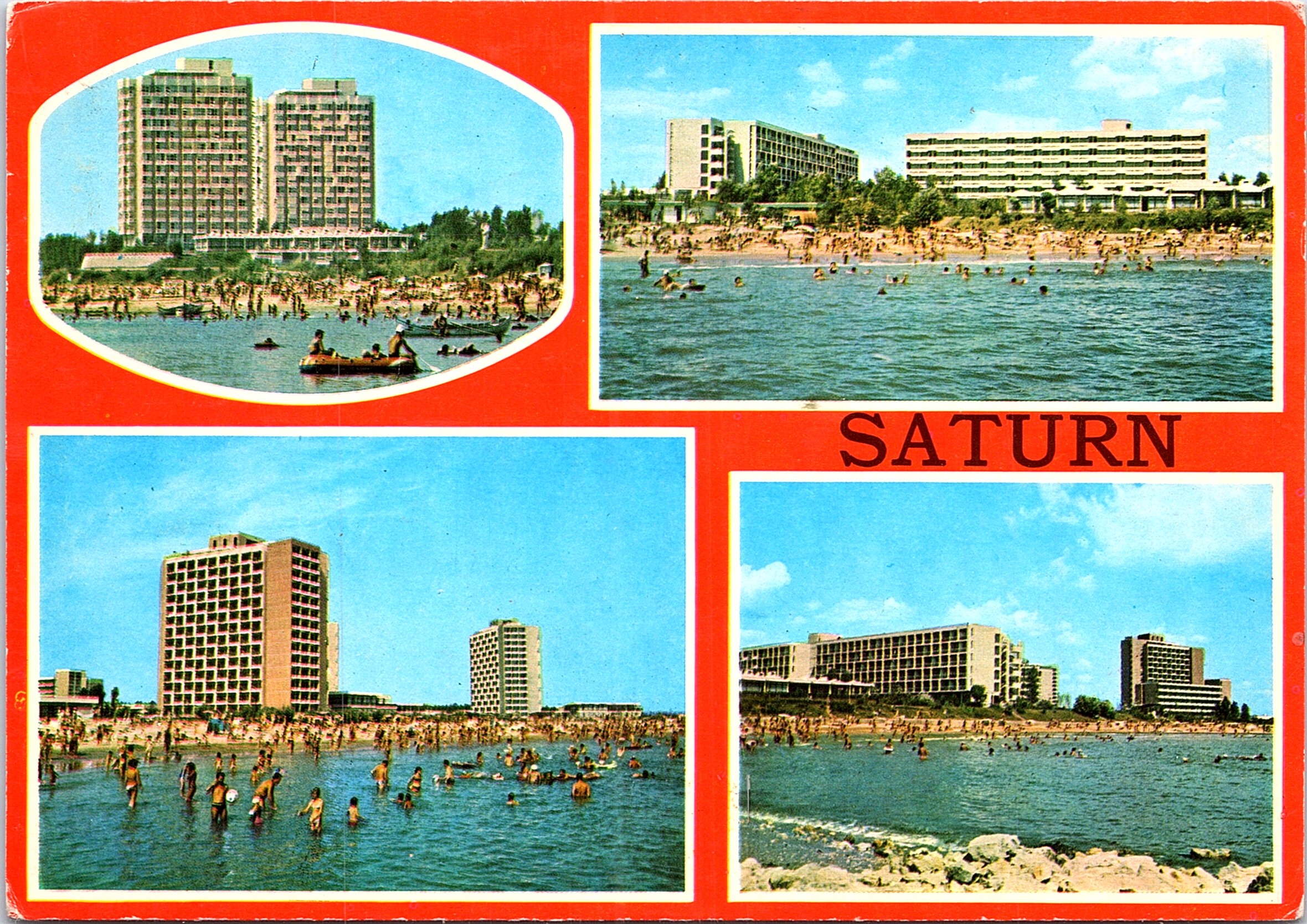 1. Stațiunea Saturn - Hotel Diana și Atena; 2. Pe malul mării; 3. Hotel Hora; 4. Vedere