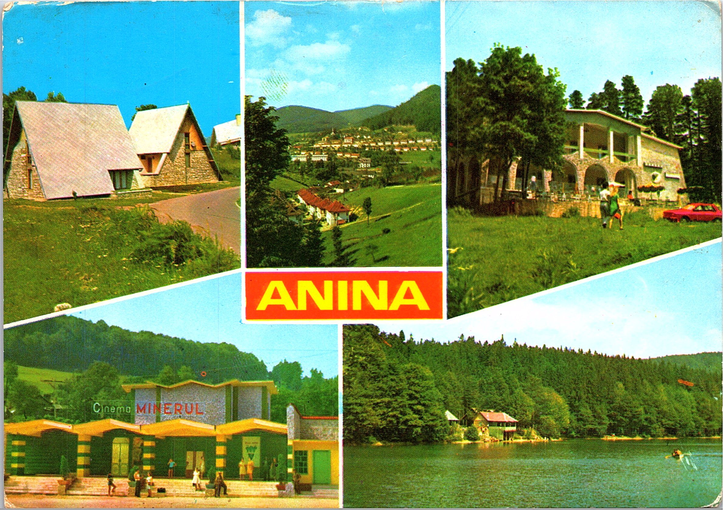 Anina - 1. Camping Anina; 2. Vedere panoramică Anina; 3. Cabană; 4. Cinema Minerul; 5. Lacul Buhui
