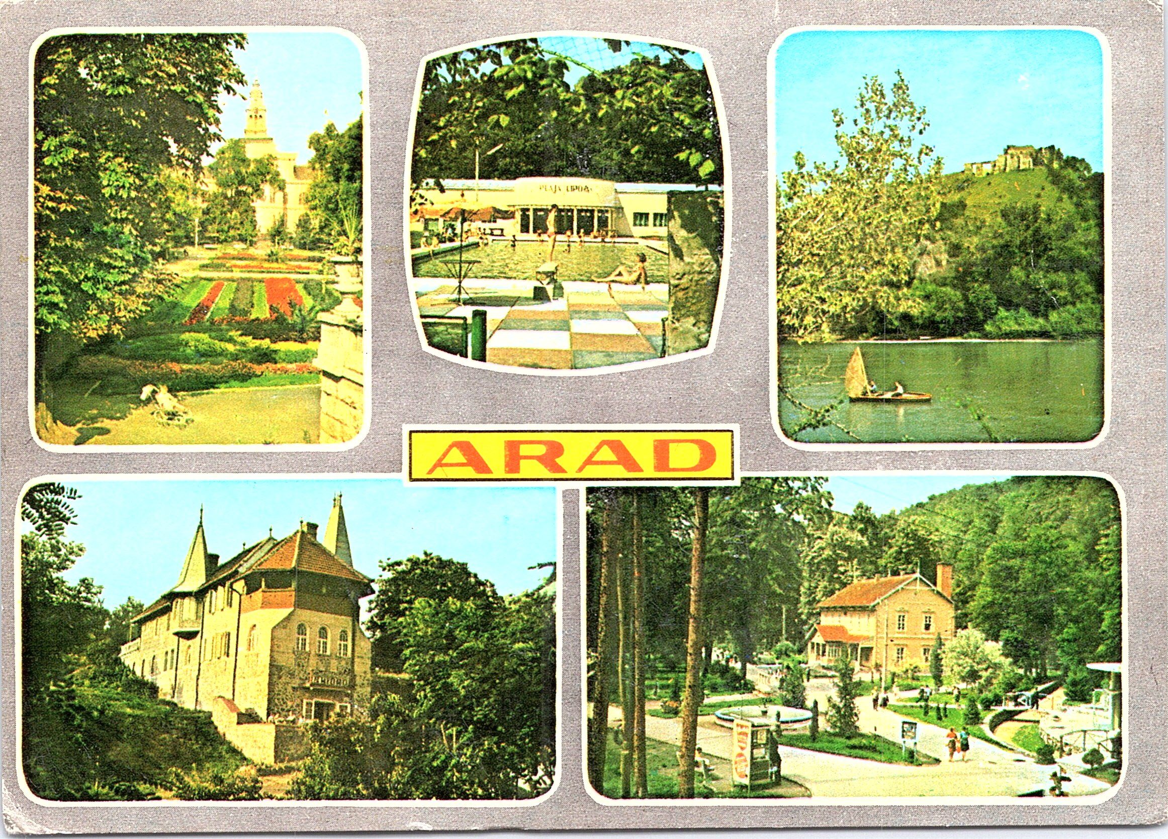 Arad - 1. Vedere din parc; 2. Lipova - Ștrandul; 3. Lipova - Cetatea Șoimuș; 4. Ghioroc - Cabana din Vii; 5. Moneasa - Vedere din stațiune