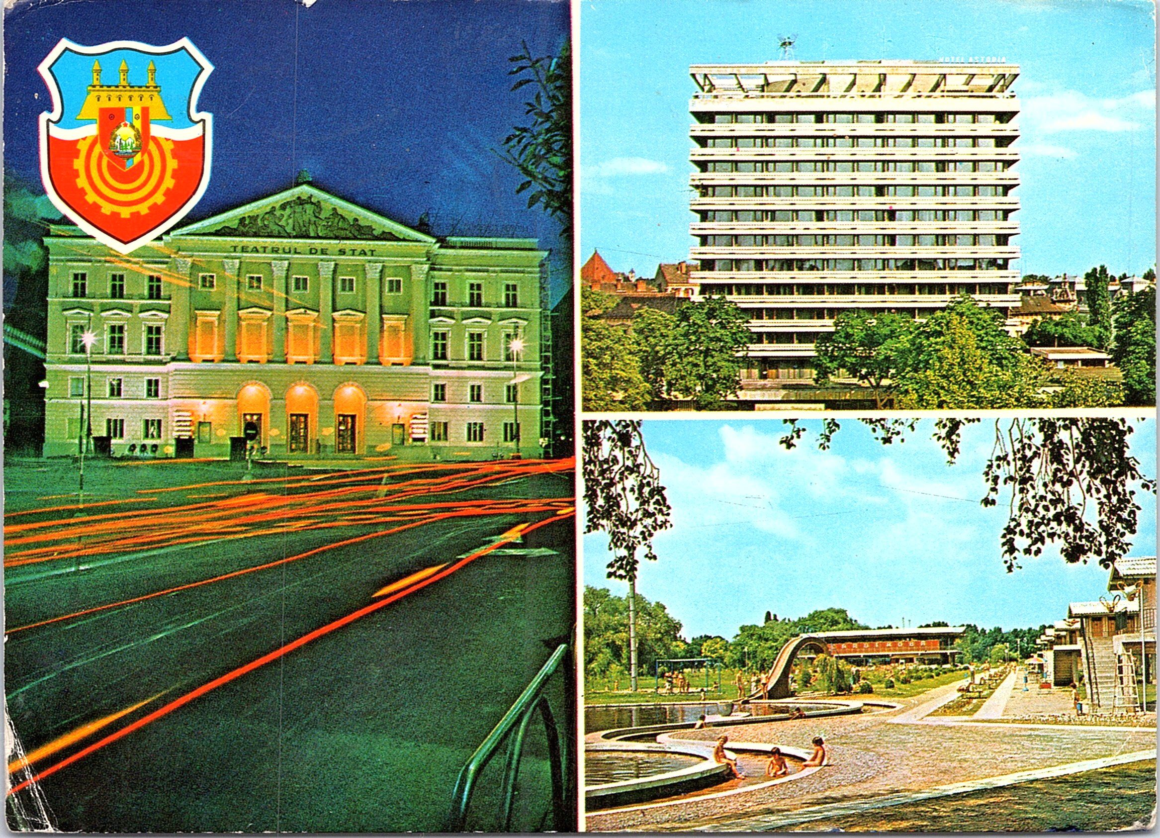 1. Stema municipiului, 2. Teatrul de Stat; 3. Hotel Astoria, 4. Ștrandul