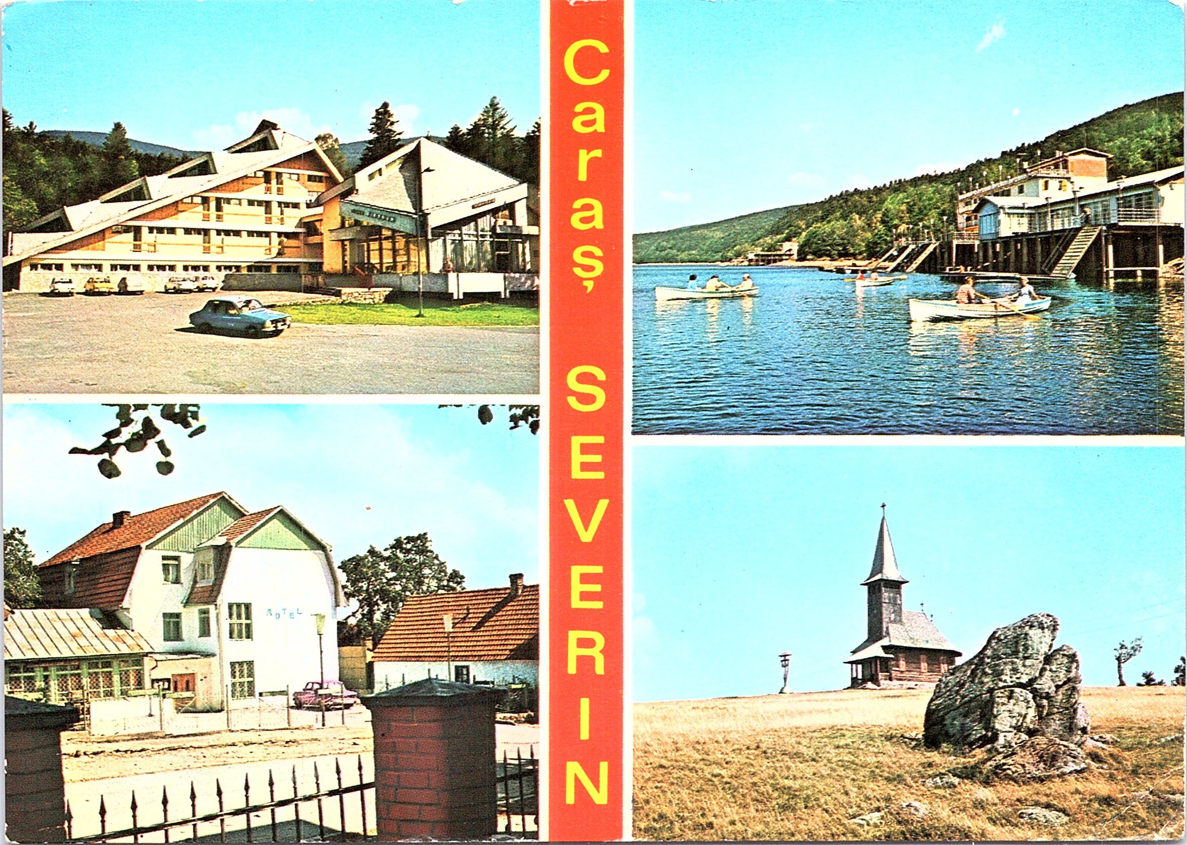 Jud. Caraș Severin - Muntele SEMENIC: 1. Hotelul „Gozna”; 2. Vedere de pe lacul Văliug; 3. Hanul „Gărâna”; 4. Bisericuța din vârful Muntelui Semenic
