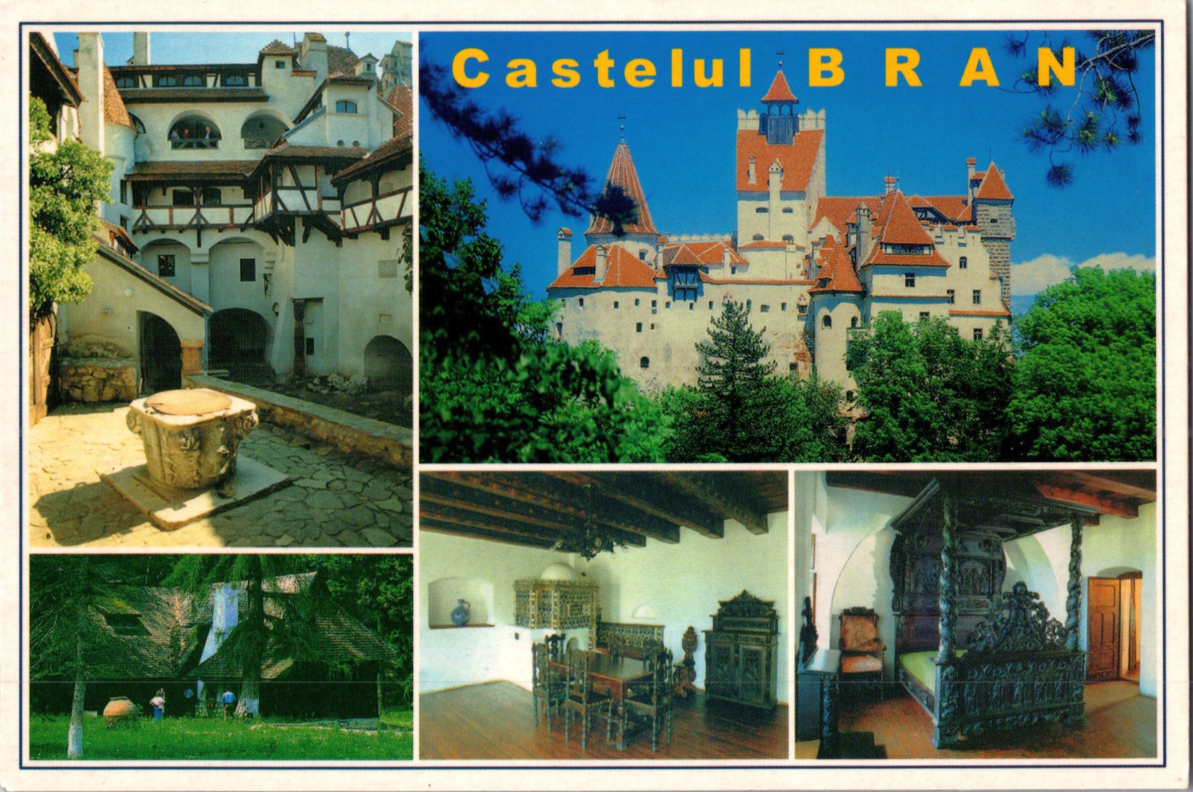 Bran - Transilvania - România: 1. Castelul voievodului Vlad Țepeș „Dracula” vedere dinspre sud; 2. Curtea interioară; 3. Casa de ceai „Regina Maria”; 4. Sufrageria castelului, 5. Camera reginei